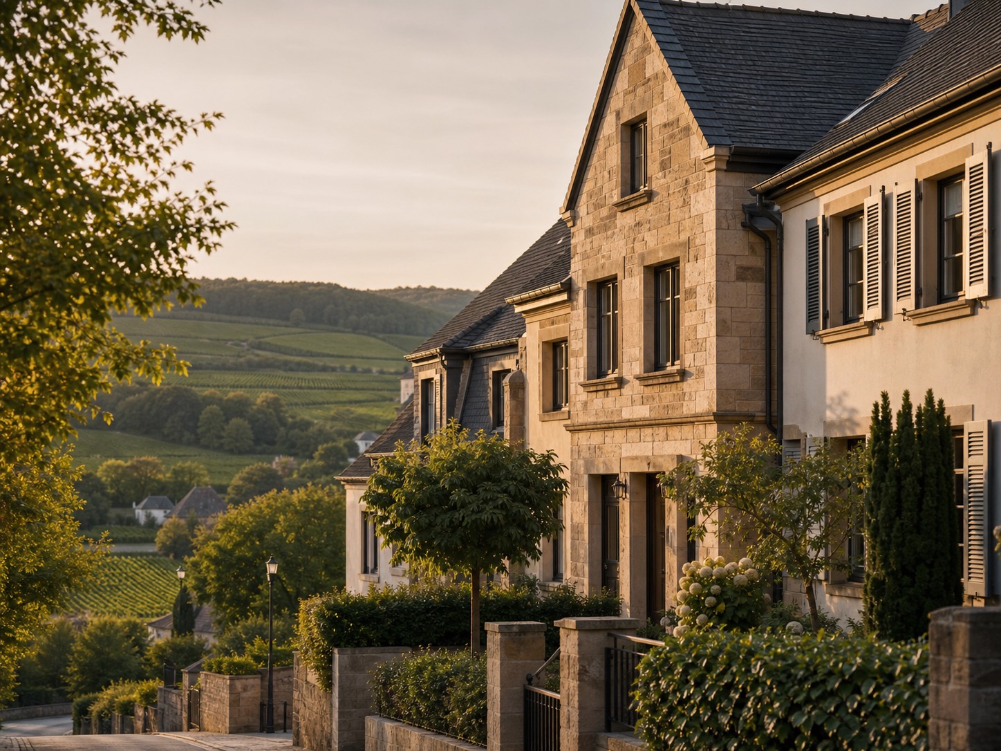 Regionale Wohnarchitektur in der Pfalz mit Weinbergen im Hintergrund