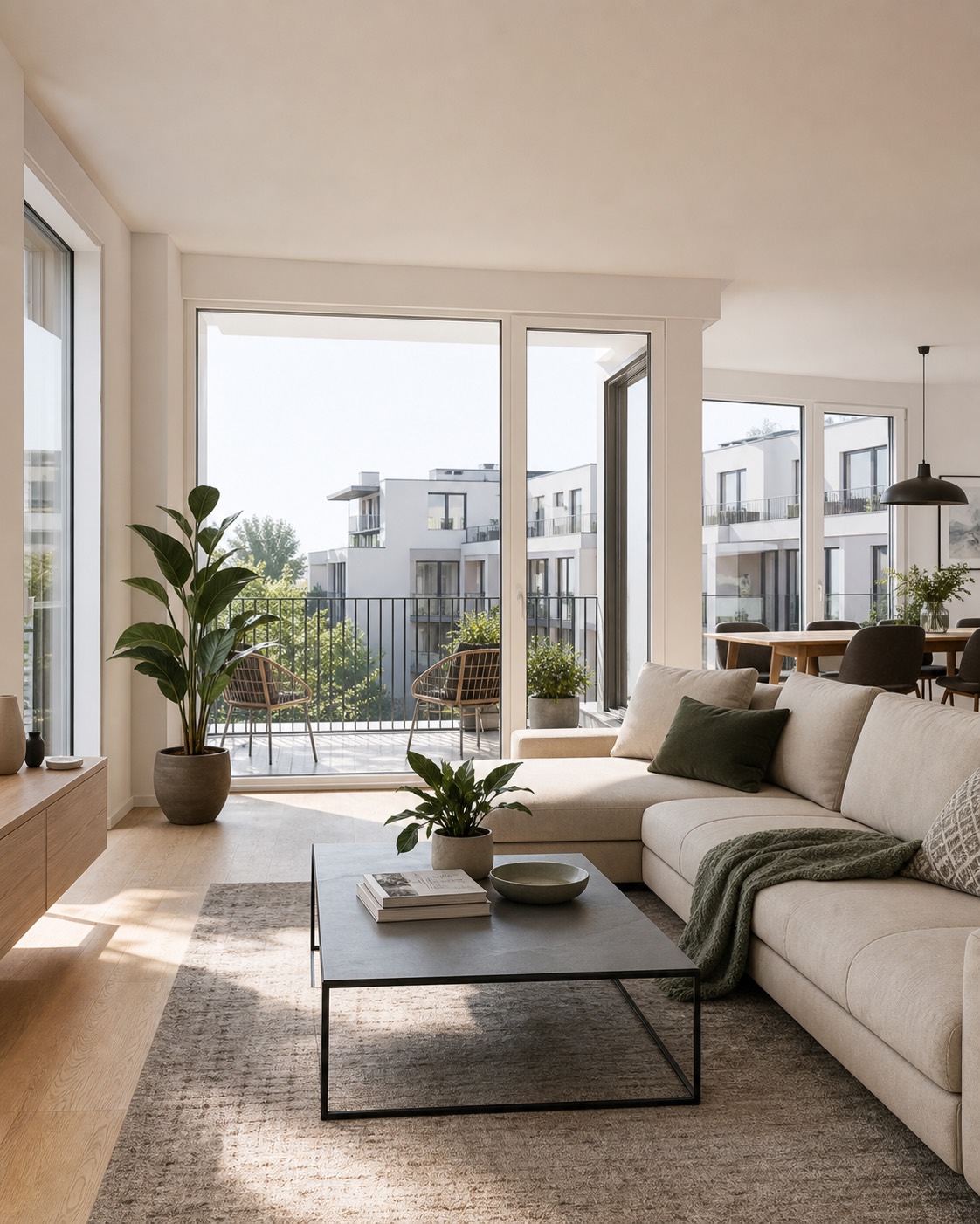 Helle moderne Eigentumswohnung mit Balkon als Beispiel für einen Immobilienkauf mit Kaufnebenkosten