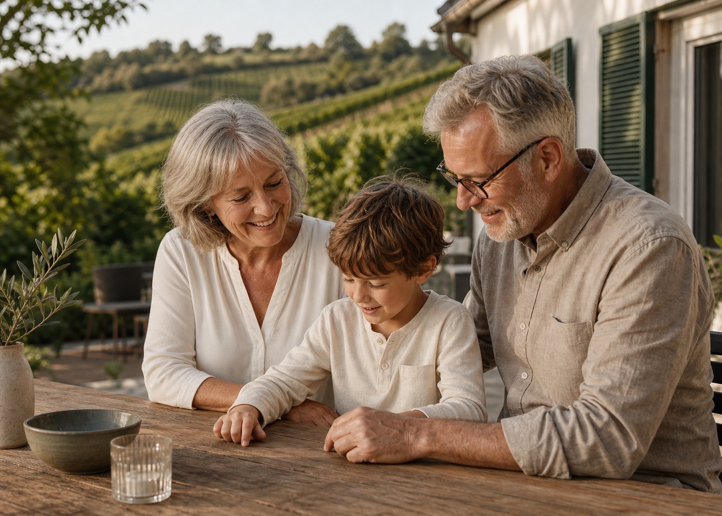 Großeltern mit Enkelkind auf einer Terrasse in der Pfalz als Symbol für langfristige Altersvorsorge und Familie