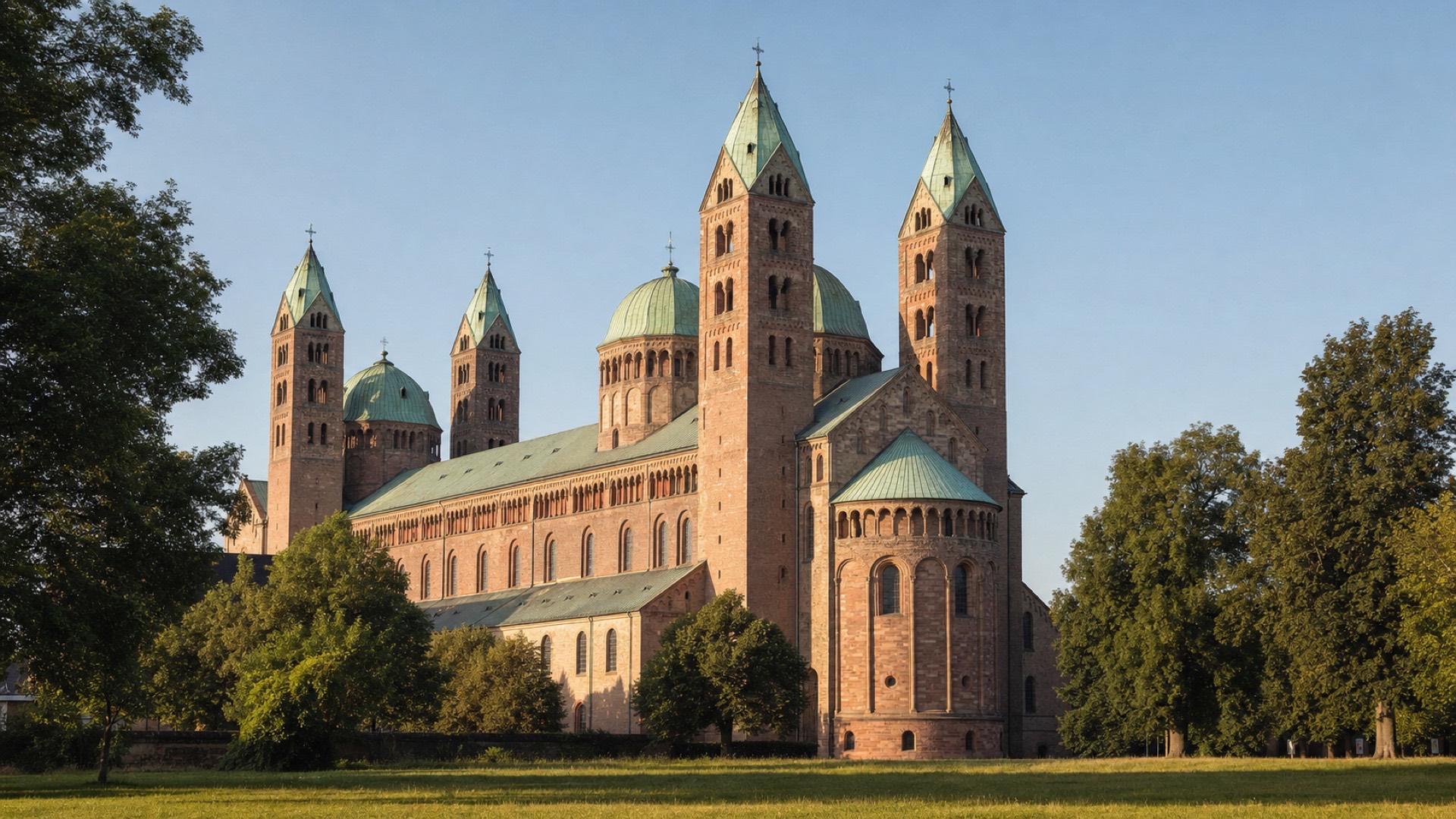 Blick aus dem Domgarten auf den Speyerer Dom im warmen Abendlicht